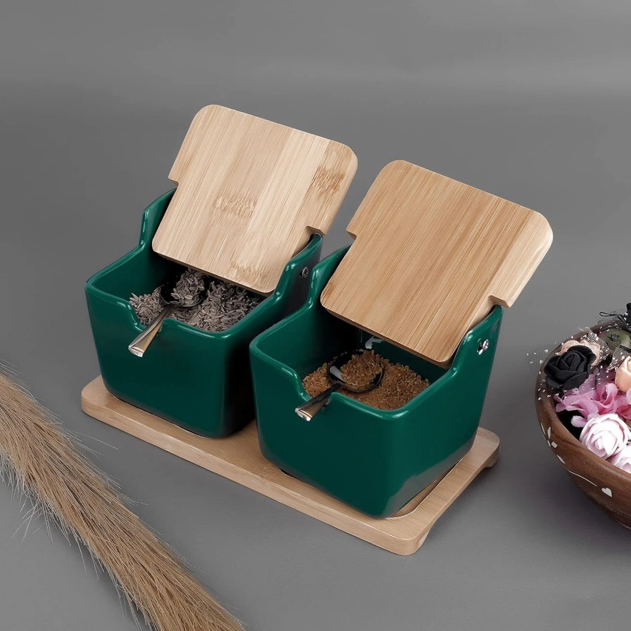2 Pcs Ceramic Condiment Pot with Wood Tray SW-167